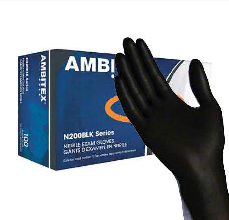 Ambitex N200BLK Series Powder Free Black Nitrile Gloves, Medium, 100/Box (NMD200BLK) - Osung USA