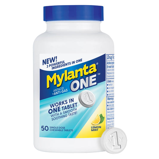 Mylanta One Antacid + Anti-Gas Chewable Tablets Lemon Mint, Sold As 1/Bottle Infirst 62372055150