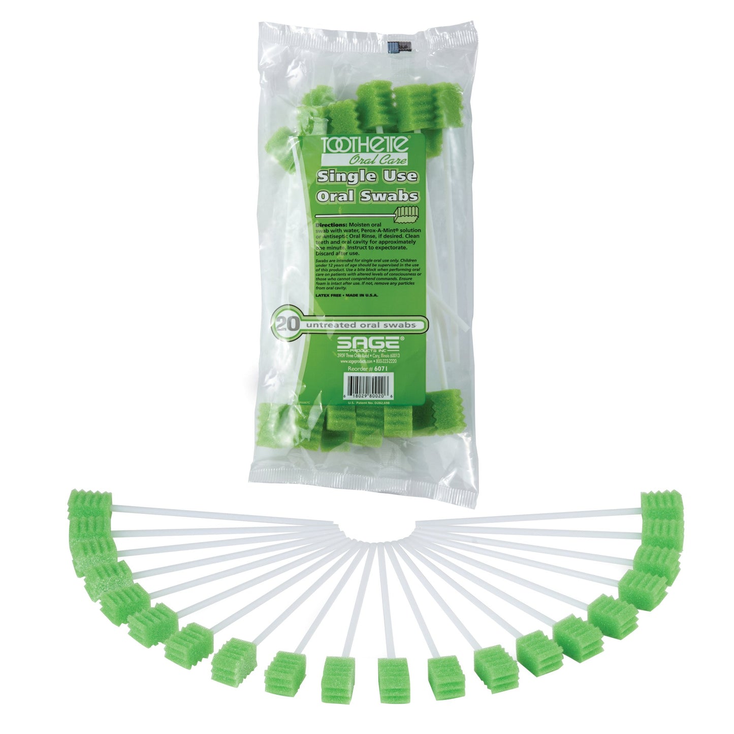 Toothette Plus Oral Swabsticks Foam Tip Untreated, 6" Length, Green, Sold As 50/Case Sage 6071