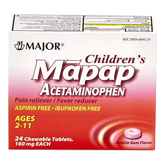Mapap® Acetaminophen Children'S Pain Relief / Fever Reducer, Bubble Gum Flavor, Sold As 24/Box Major 00904664524