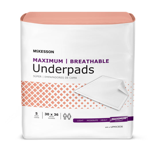 Mckesson Ultimate Breathable Underpads, Maximum Protection, Heavy Absorbency, 30" X 36", White, Sold As 70/Case Mckesson Upmx3036