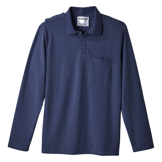 Silverts® Men'S Adaptive Open Back Long Sleeve Polo Shirt, Dark Navy, X-Large, Sold As 1/Each Silverts Sv50780_Dnvy_Xl